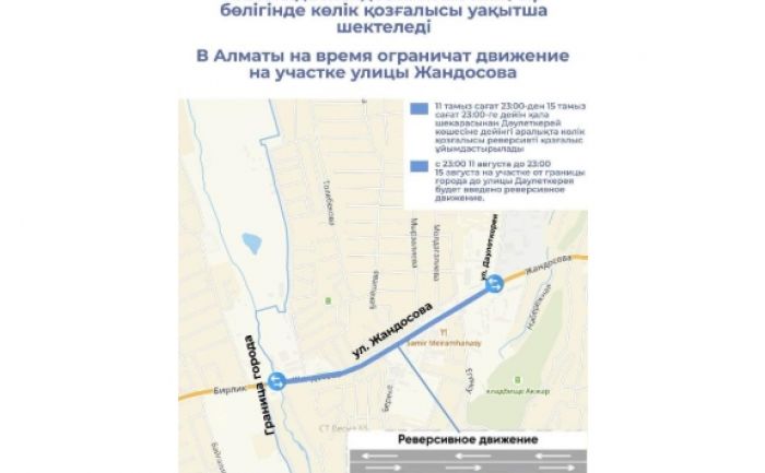 Алматы на время ограничат движение на участке улицы Жандосова