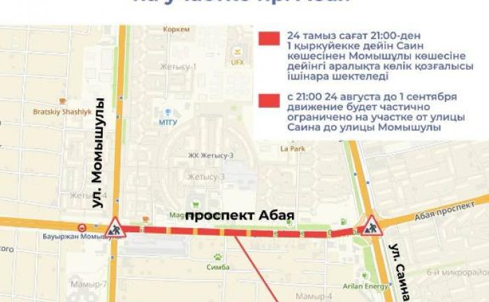 В Алматы в связи с ремонтом частично ограничат движение на участке Абая