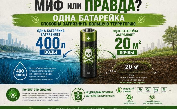 Одна выброшенная батарейка может загрязнить до 400 литров воды